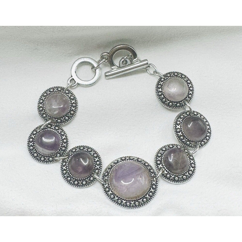 Vintage Silver Tone Purple Stone Link Bracelet Toggle Clasp Boho